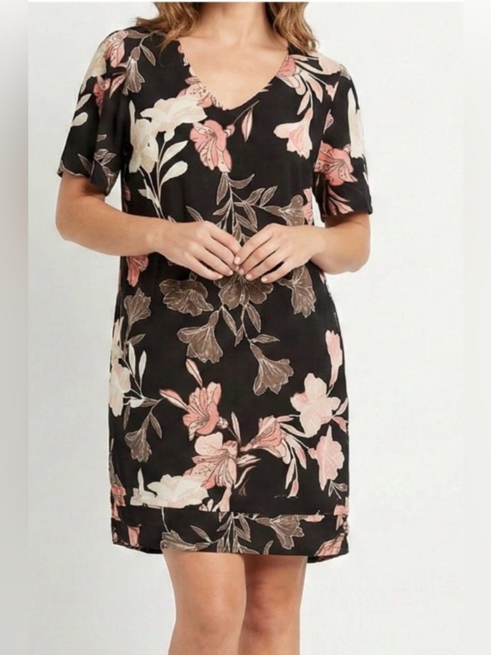 Nicole Miller black floral linen blend short sleeve dress Women’s sz XXL